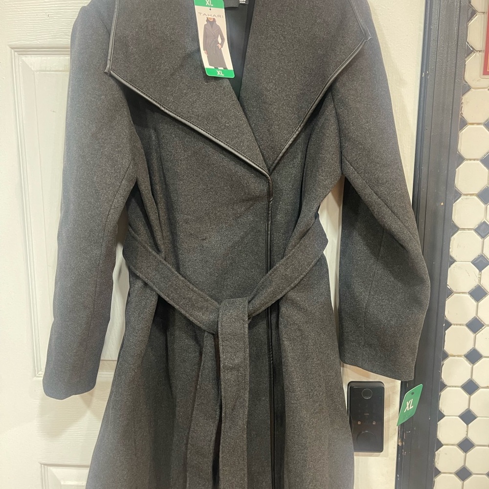 Tahari Dark Charcoal Wrap Coat with Self-Tie Belt